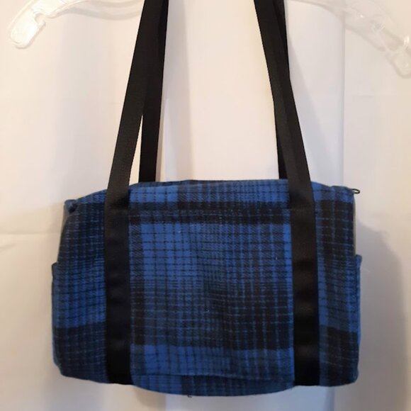 New Plaid Wool Twill Carpet Bag Blue Black classic Mini Duffle travel bag 12x6x6 - Picture 2 of 11